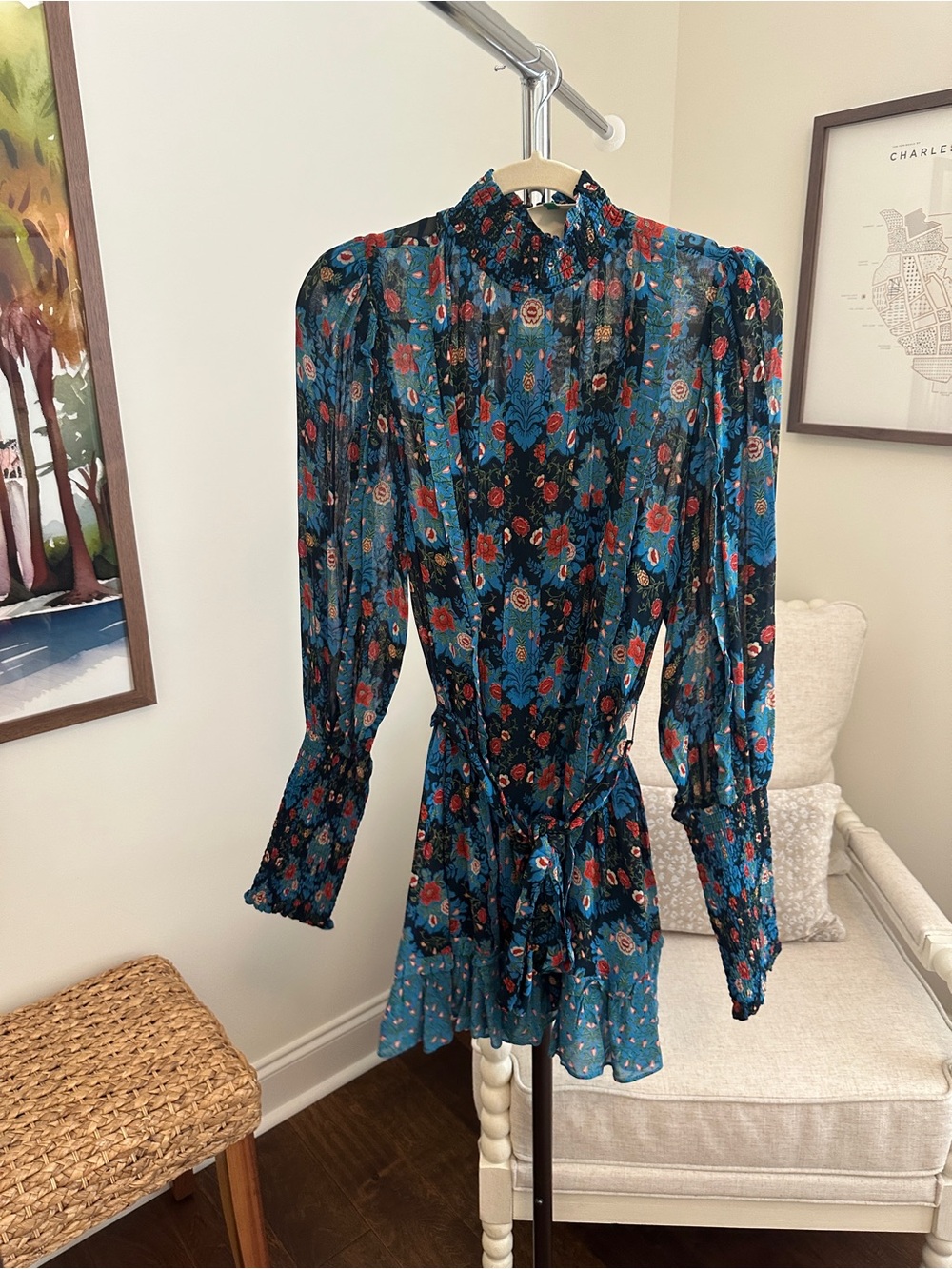 FARM Rio Navy Floral Dress with Teal and Red Accents